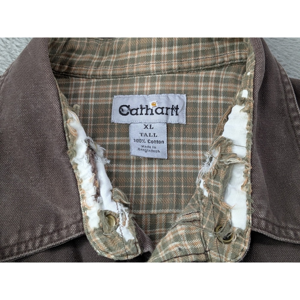 Carhartt Mens XL Tall Brown Canvas Shirt Jacket Plaid Lined Distressed Workwear - Picture 9 of 16